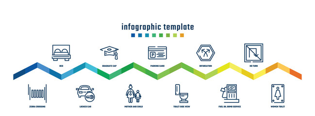 Fototapeta premium concept infographic design template. included bed, zebra crossing, graduate cap, locked car, parking card, mother and child, bifurcation, toilet side view, no turn, women toilet icons.