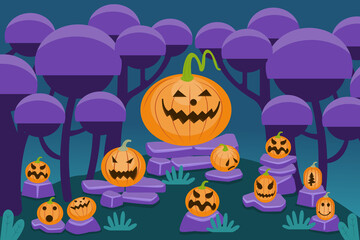 A gathering of pumpkin ghosts in a spooky cemetery. At night and in the palace, postcards of the Halloween season Suitable for invitations to celebrate holidays. Flat illustration.