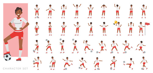 Big Set of Soccer and football player woman character vector design. Presentation in various action with emotions, running, standing and walking.