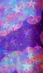 おもちゃ箱をひっくり返したようなポップな星空の背景素材02（縦／青・水色・紫）