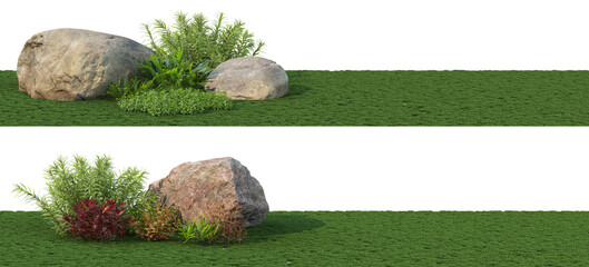 A garden decorated with stones on a white background.