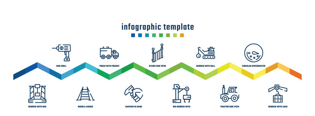 concept infographic design template. included hine drill, derrick with box, truck with freight, double ladder, stairs side view, hammer in hand, derrick with ball, big derrick boxes, circular