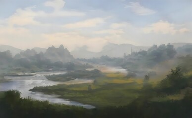 Naklejka premium misty morning in the rural landscape