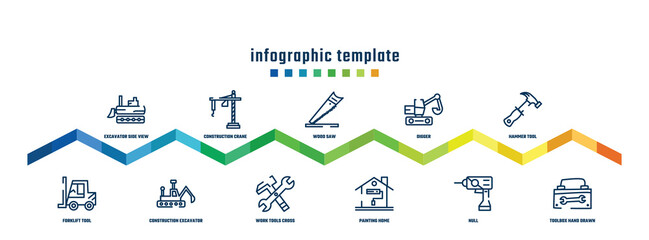 concept infographic design template. included excavator side view, forklift tool, construction crane hine, construction excavator, wood saw, work tools cross, digger, painting home, hammer tool,