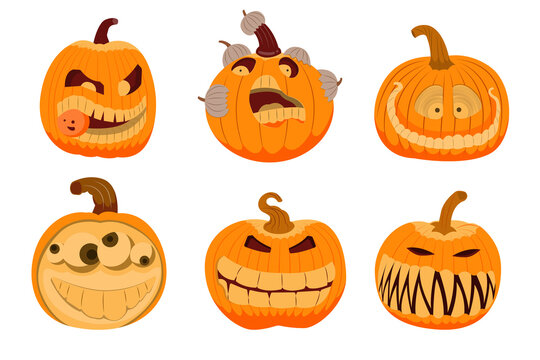Pumpkin face icon with various Halloween feelings to decorate a spooky celebration party. flat illustration.