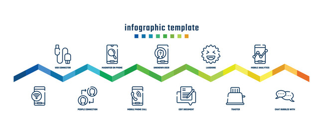 concept infographic design template. included usb connector, , magnifier on phone screen, people connection, unknown user, mobile phone call, laughing, edit document, mobile analytics tool, chat