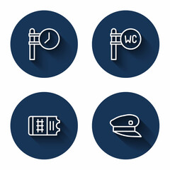 Set line Train station clock, Toilet, ticket and driver hat with long shadow. Blue circle button. Vector