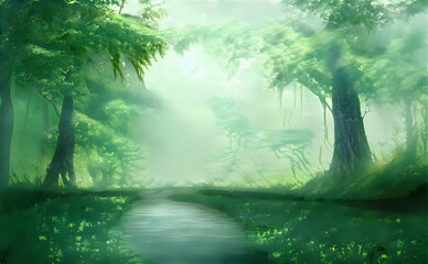 painting of misty morning in the forest