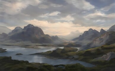 Obraz na płótnie Canvas 3d rendering of a flowing river through mountain range