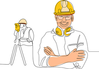 Close up of young Caucasian worker with helmet on head using tablet for work while standing in warehouse. Surveyor with a tripod icon. Geodesic tripod. Vector illustration