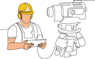Close up of young Caucasian worker with helmet on head using tablet for work while standing in warehouse. Surveyor with a tripod icon. Geodesic tripod. Vector illustration