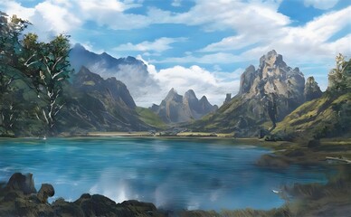 3d rendering of a lake in the mountains