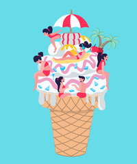 Flat illustration people sunbathing in large ice cream cones It's a summer break at the beach, the sea is beautiful.