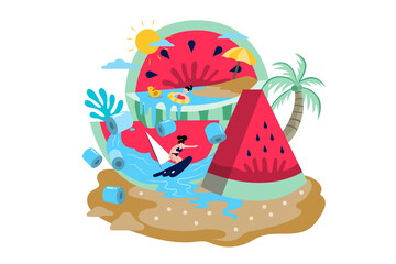 Flat illustration people playing in the sea Activities include surfing. in a large watermelon
It's cool in the summer.