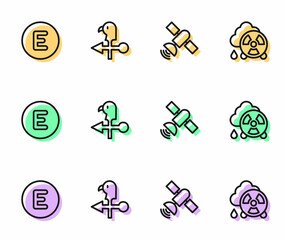 Set line Satellite, Compass west, Rooster weather vane and Acid rain radioactive cloud icon. Vector