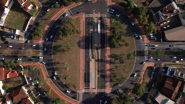 Drone footage of the Roundabout or meeting of Avenida Professor Jo&atilde;o Fi&uacute;sa and Avenida Independ&ecirc;ncia in Ribeir&atilde;o Preto SP Brazil. Traffic and vehicle traffic. A beautiful and well-kept city and metrop