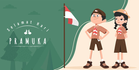 Translate: Happy Scout Day August 14 Indonesian Festival Day. Selamat Hari Pramuka. Vector Illustration. Boy and girl Student celebrate pramuka day. 
