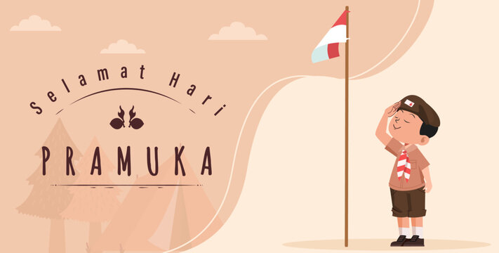 Translate: Happy Scout Day August 14 Indonesian Festival Day. Selamat Hari Pramuka. Vector Illustration. Boy and girl Student celebrate pramuka day. 