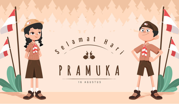 Translate: Happy Scout Day August 14 Indonesian Festival Day. Selamat Hari Pramuka. Vector Illustration. Boy and girl Student celebrate pramuka day. 
