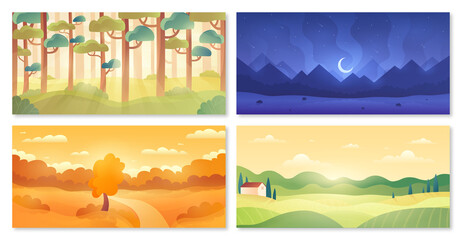 Natural landscapes set. Collection of stylish wallpapers for phones, various natural places. Mountains, forest, fields and plains. Cartoon flat vector illustrations isolated on white background