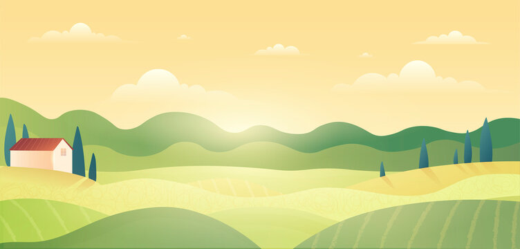 Landscape with hills. Beautiful countryside, house and private area. Stylish wallpaper for computer or phone. Nature and wild life on warm summer or spring day. Cartoon flat vector illustration