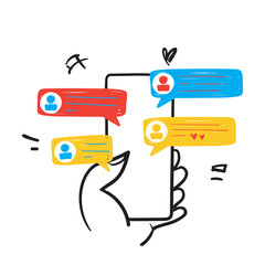 hand drawn doodle Hand holding phone sending short messages illustration