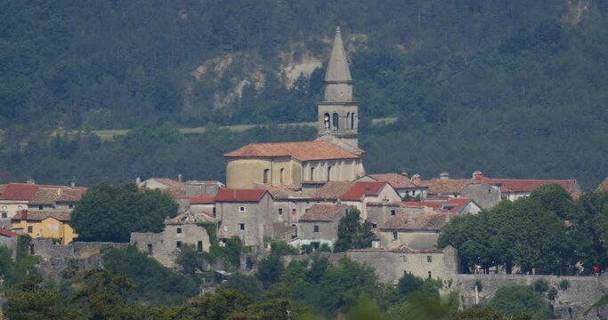 Kosljun Island with Punat town in the background, Krk Island, Adriatic Sea, Croatia
