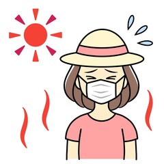 A young woman with a hat and a medical mask suffering from summer heat