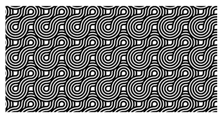 seamless pattern with black and white lines, shaped like a lined figure eight, arranged in a quarter circle line shape.