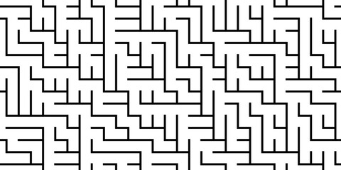 Seamless black and white abstract maze line pattern. Geometric tileable monochrome labyrinth background texture. Puzzle, challenge, decision, confusion or game concept backdrop. 3D illustration.