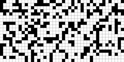 Seamless black and white abstract crossword puzzle pattern. Geometric tileable monochrome game background texture. Play, fun, challenge, leisure or hobby concept backdrop. 3D illustration. - obrazy, fototapety, plakaty