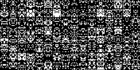 Seamless black and white abstract 8-bit retro geometric pixel pattern shapes. Monochrome space monsters, aliens, robots and spaceships, fun game concept background texture. 3D illustration. - obrazy, fototapety, plakaty