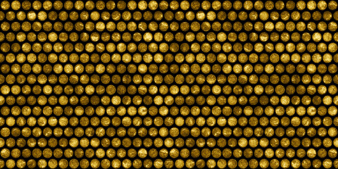 Seamless gold glitter polka dots background texture. Shiny golden yellow metallic circle buttons geometric repeat pattern. Modern abstract luxury gilded age wallpaper. Christmas backdrop 3D rendering. - obrazy, fototapety, plakaty
