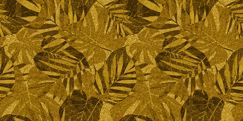 Seamless gold glitter monstera and palm leaf collage background texture. Shiny golden yellow foliage repeat pattern. Modern abstract luxury gilded age wallpaper. Christmas decoration 3D rendering..