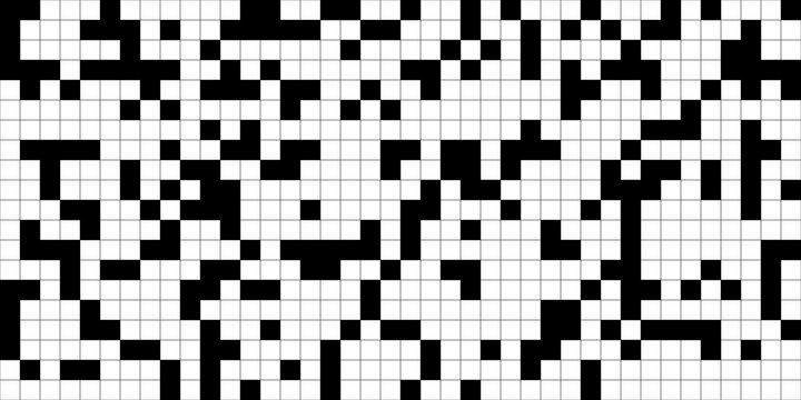 Seamless black and white abstract crossword puzzle pattern. Geometric tileable monochrome game background texture. Play, fun, challenge, leisure or hobby concept backdrop. 3D illustration.