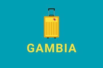 Gambia  logo. Gambia  tourism. Trip to city  Banjul , in Gambia .  Banjul  tourism. Travel tour  Banjul . Travel bag on turquoise background. It symbolizes rest, vacation