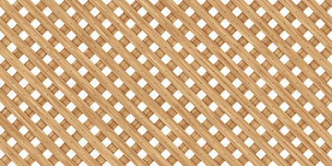 Seamless wood diamond lattice or trellis background texture isolated on white. Tileable light brown redwood, pine or oak woven diagonal crosshatch fence planks pattern. 3D rendering.. - obrazy, fototapety, plakaty