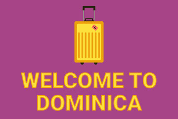 Welcome to Dominica  logo. Dominica   trip. Travel to Dominica  capital, to city  Roseau . Welcome to  Roseau . Bag for travel tour. Travel sitcase on purple background