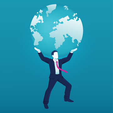 Businessman carrying and lifting a heavy world. dominating world concept. vector illustration