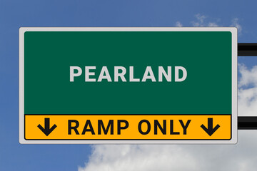 Pearland logo. Pearland lettering on a road sign. Signpost at entrance to Pearland, USA. Green pointer in American style. Road sign in the United States of America. Sky in background