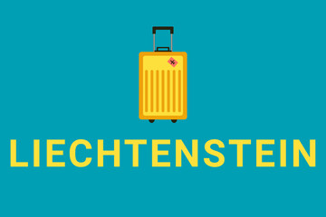 Liechtenstein  logo. Liechtenstein  tourism. Trip to city  Vaduz , in Liechtenstein .  Vaduz  tourism. Travel tour  Vaduz . Travel bag on turquoise background. It symbolizes rest, vacation