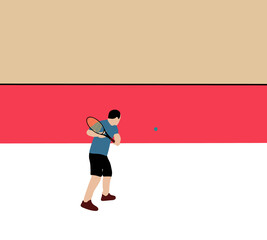 Fototapeta na wymiar Tennis player hitting ball in court. Sports and fitness active lifestyle. cartoon vector illustration.