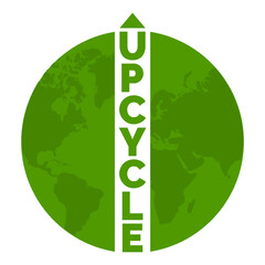 Vertical Upcycle text with an arrow pointing up.  Round icon.