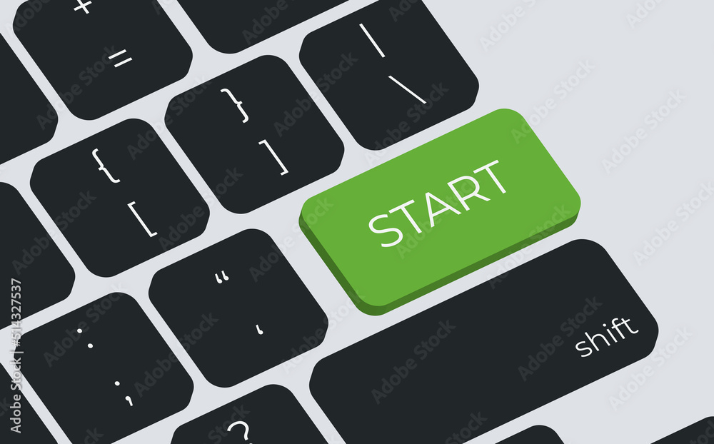 Poster keyboard with green start power button. computer or laptop with fingers