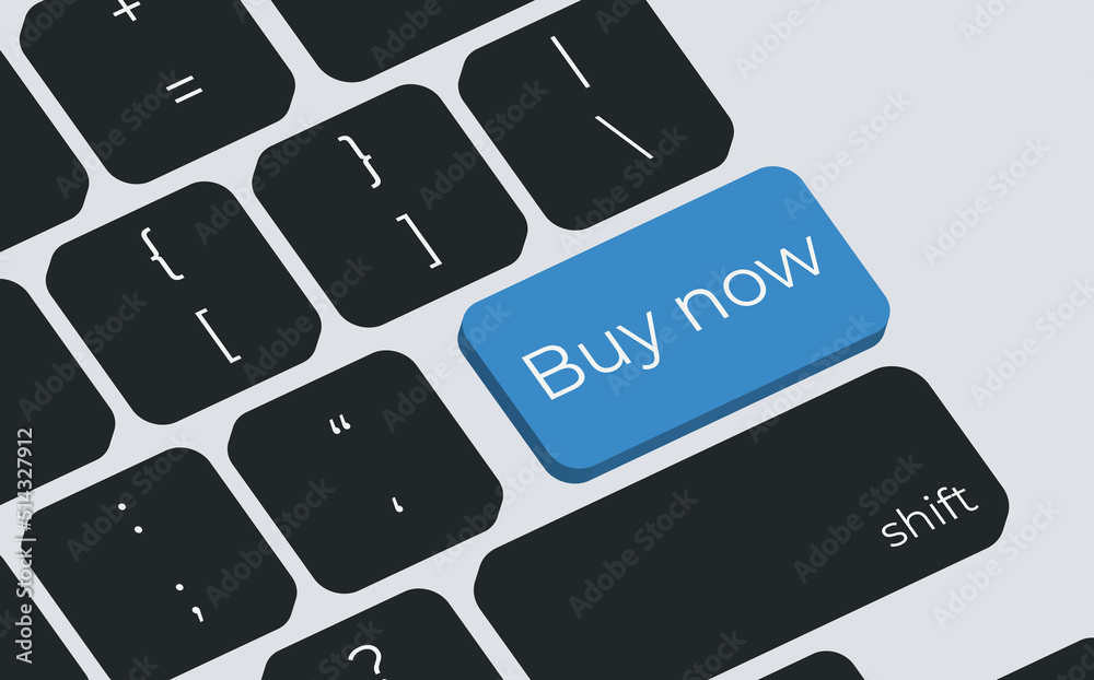 Poster Buy now button on keyboard keys vector. Simple style