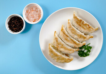 Freshly baked dumplings with plenty of gravy on the table