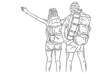 Fototapeta na wymiar Happy Couple Adventure Explore Trip Mountain Climber Camping Romance Journey Sport Line Art Hand Drawn