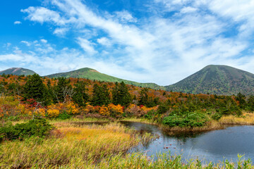 【青森県八甲田山】紅葉に映える睡蓮沼と北八甲田連峰。八甲田は日本有数の紅葉スポットと言われる。