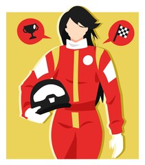 illustration of a female racer holding a helmet. walk. equipped trophy icon, racing flag icon. the concept of sports, riders, professions, ideals, beauty etc. flat vector - obrazy, fototapety, plakaty
