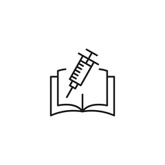Encyclopedia, science, education signs. High quality symbol for stores, books, articles, sites. Editable stroke. Vector line icon of syringe over opened book
